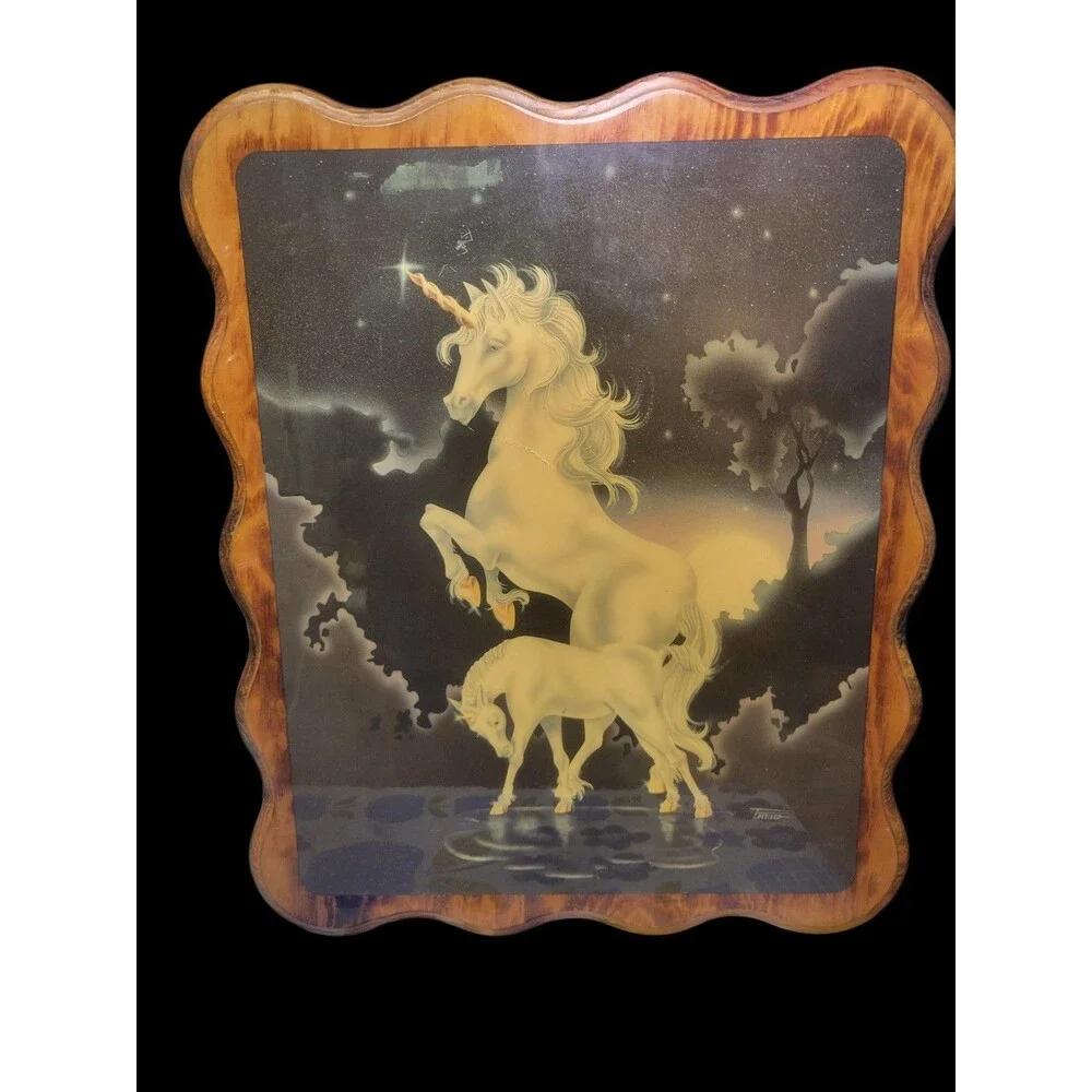 Vintage 1980s Unicorn Wall Art Wooden Shellac Print Signed Ferraro 23x19